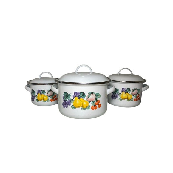 Vintage GMI Enamelware 3 Piece Pot Set w/Lids - Fruit Design - Great Condition - Picture 2 of 16